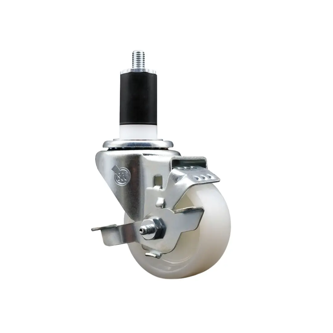 Service Caster SCC-EX20S314-NYS-TLB-112 Nylon Expanding Stem Swivel Casters, 3 in. White Wheel, 1.5 in. Stem, Top Locking Brake, Bright Zinc Plated Finish, 300 lbs Capacity, for Shop Projects