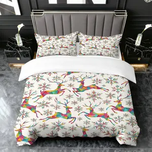3PCS Duvet Cover Set, 1 Duvet+2 Pillowcases(Without filler), Geometric Deer Snowflakes Multicolor Winter Christmas theme, Festive bedding set, Holiday decoration Suitable for decoration bedroom living room guest room hotel