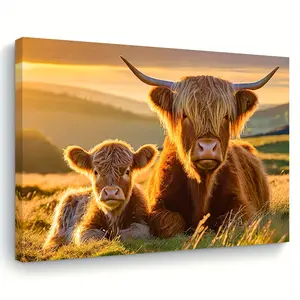 Highland Cow Canvas Wall Art with Wood Frame - Country Style Yellow Haired Cow Print for Living Room, Bedroom and Home Office Decor - Unique Housewarming Gift, Bachelorette Party Decorations Ornaments Photo