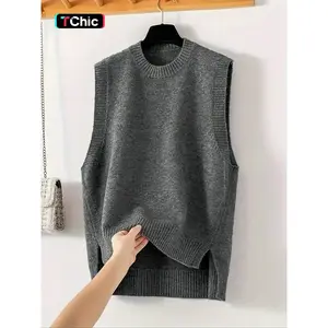 Women's Solid Color Round Neck Sweater Vest, Casual Sleeveless Knitwear Top for Daily Wear, Ladies Knit Clothing for Fall & Winter, Minimalist Fitted Vest