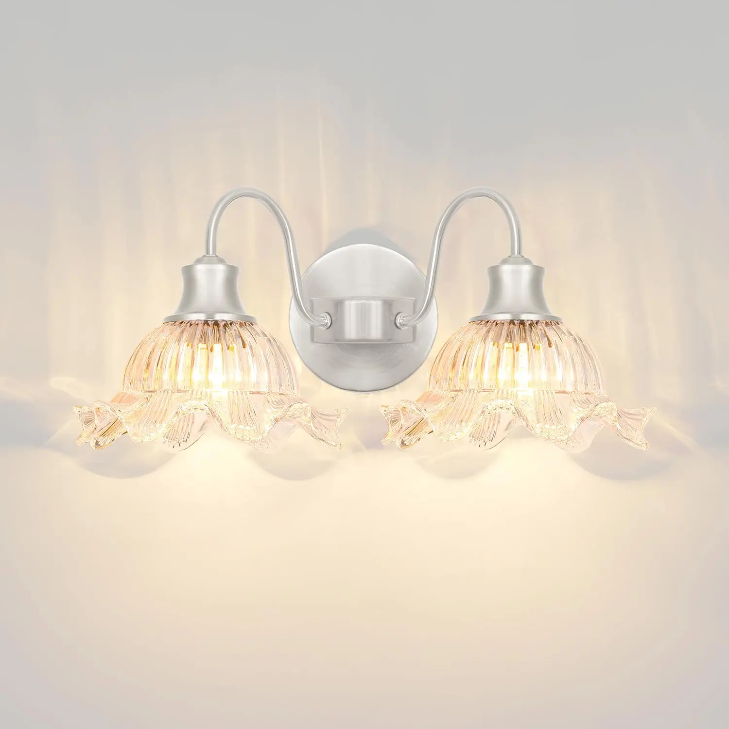 Brushed Nickel 2-Light Vintage Vanity Light Fixture with Glass Shades, Indoor Wall Sconce for Bathroom Mirror Lighting, Powder Room Decor