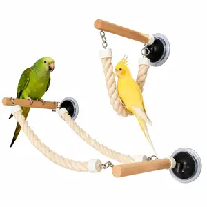 Wood Bird Swing for Small/Medium Birds, Finely Ground Habitat Pole, Suction Cups for Window Glass or Tiles, Habitat Frame & White Rope for Diverse Experiences, Stand Perch,summervibes
