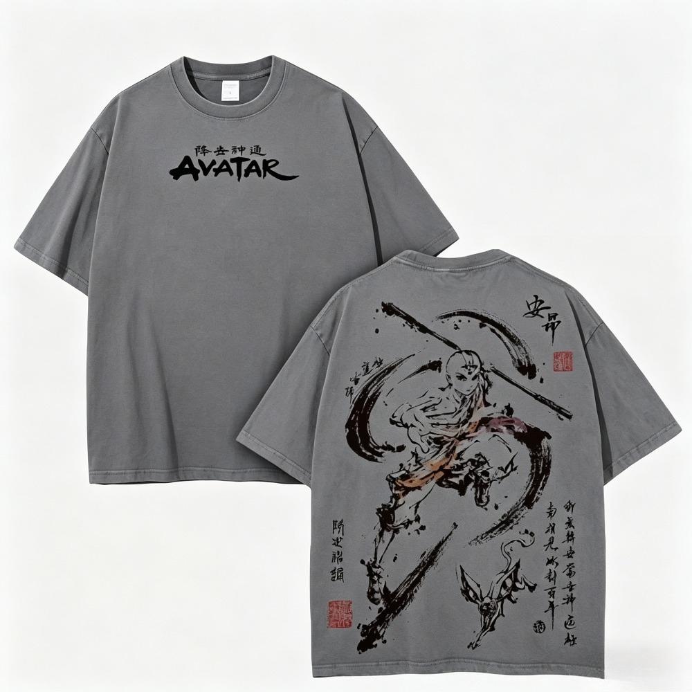 Aang Shirt Avatar the Last Airbender Animated Vintage T-Shirt Menswear Top Underwear The Last Air Nomad Anime Double Printed Washed Tee Unisex Oversize Streetwear - Oversized