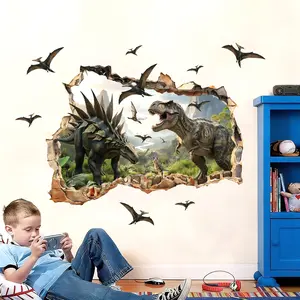 2Pcs 30x90cm Broken Wall Jungle Dinosaur 2D Matte Wall Sticker Self-Adhesive Home Decoration