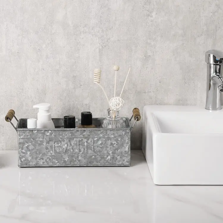 Galvanized Metal Rectangular Storage Basket with Wood Handles, Bathroom Toiletries Holder, Organizer Bin with BATH Label