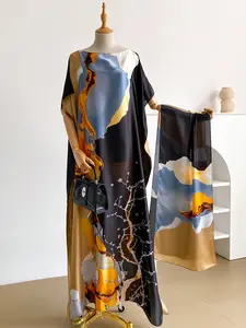 Elegant Women's Floral Print Dress Set, Shawl Collar Long Sleeve, Beach Sun Protection Outdoor Silk Woven Lightweight Scarf, All Seasons Casual Wear