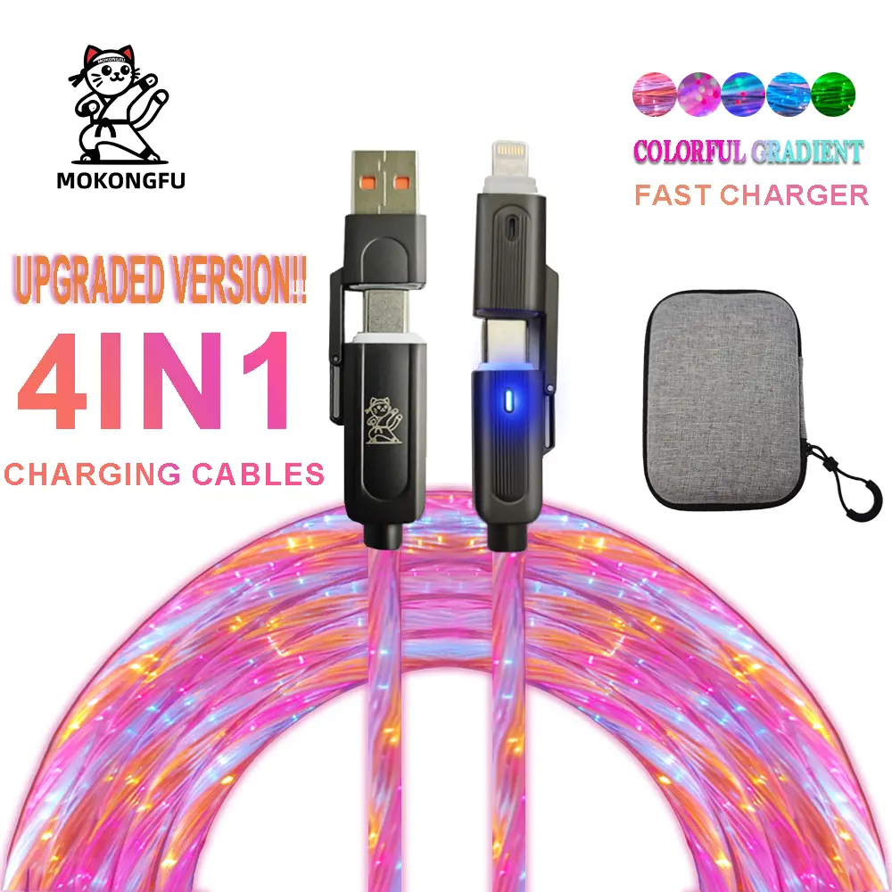 Mokongfu 120W 4-in-1 Mobile Charger Cable (Upgraded) - Starry Color-Changing Single Rainbow LED, High-Speed USB-A/Type-C/Lightning, 3.3ft/6.6ft/10ft, Compatible with iPhone14-17 & Samsung Phones