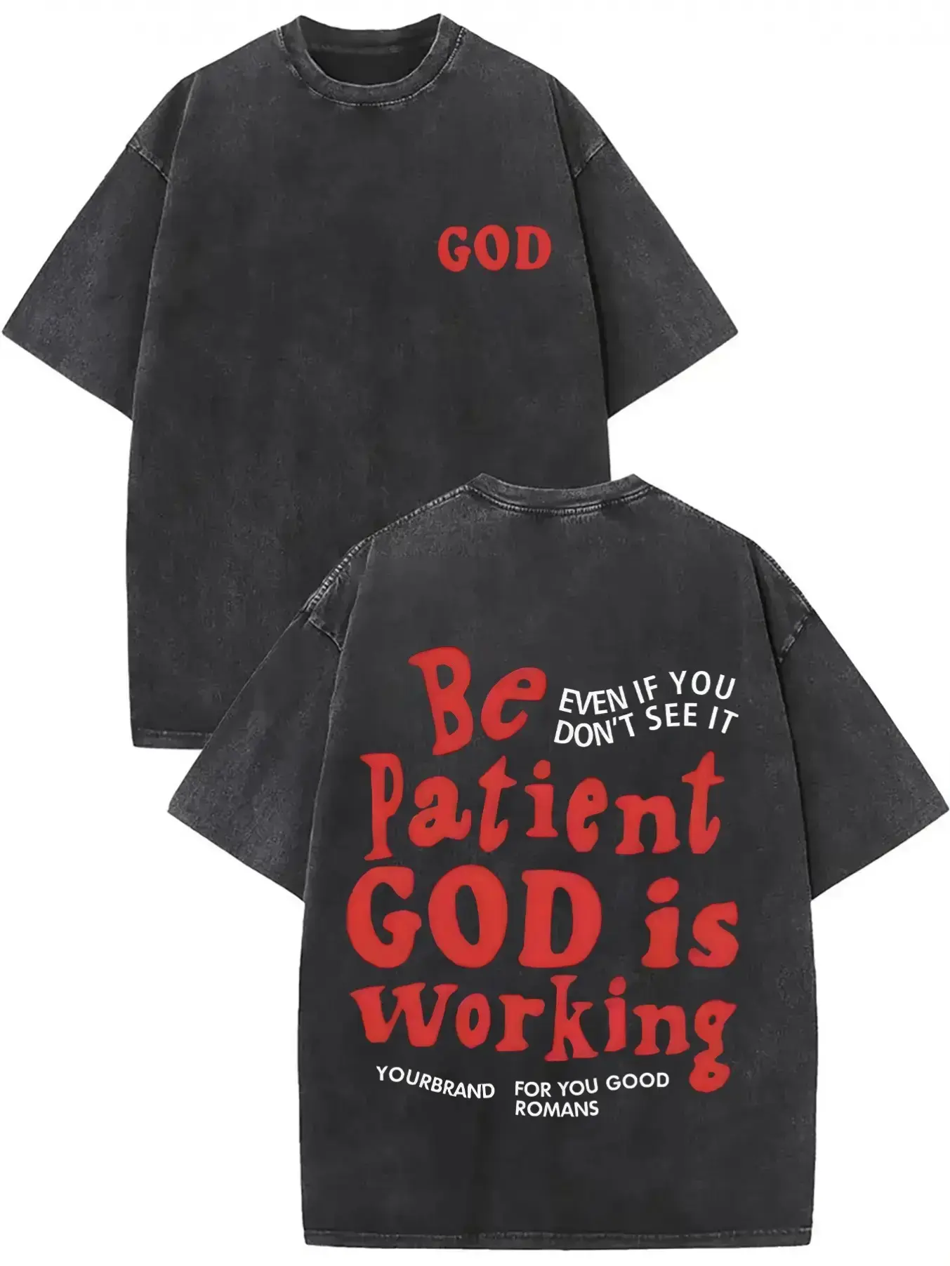 Men's Cotton Short-Sleeve T-Shirt - Retro Washed, High-Quality Printed "Be Patient, God Is at Work" Pattern, Drop Shoulder, Round Neck, Old-Style Summer Top, Father's Day Gift