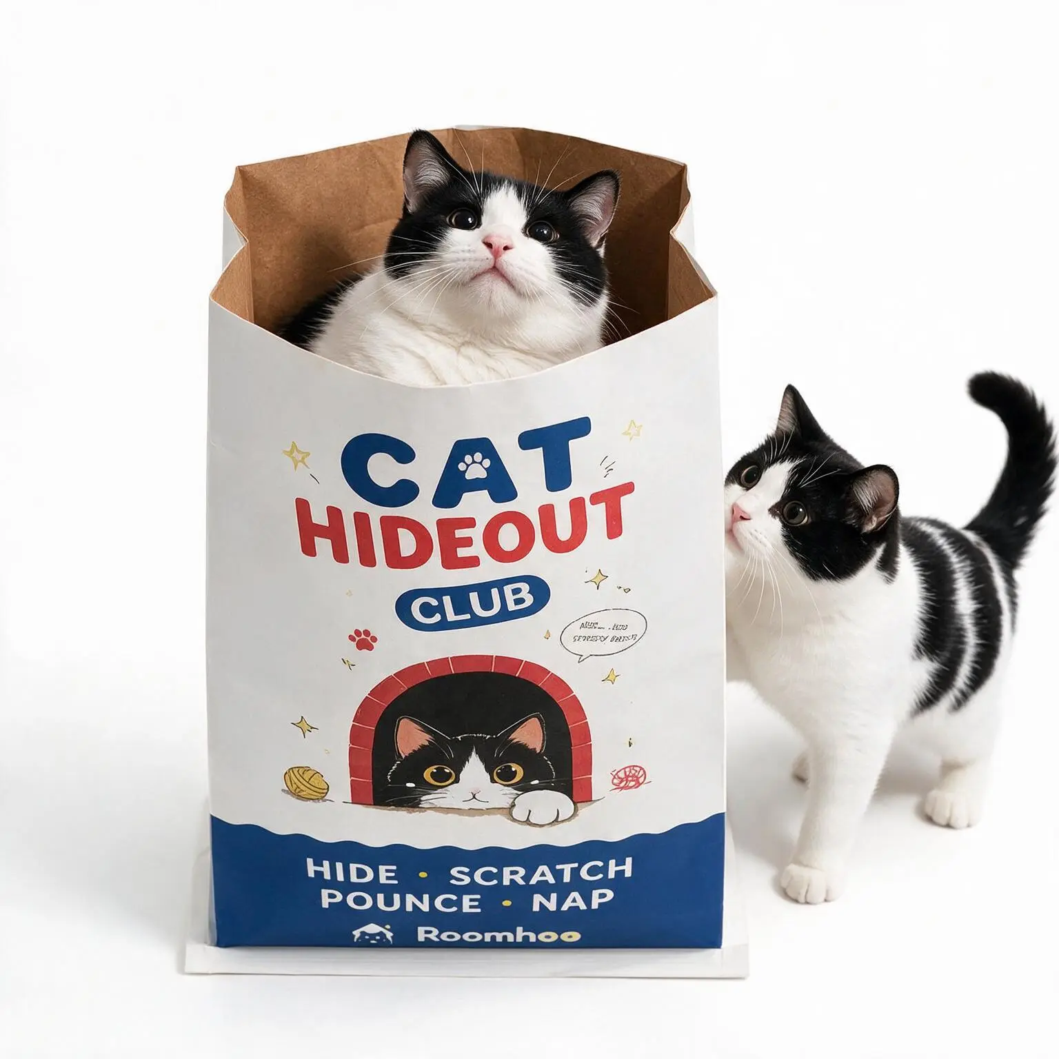 Roomhoo Kraft Paper Cat Hideout Toy - Auto Open with Rim Support Strip, Crinkle Sound, Catnip-Infused Rim, Foldable Scratcher, Animal Print, Play Enrichment for Indoor Cats, Sohochic