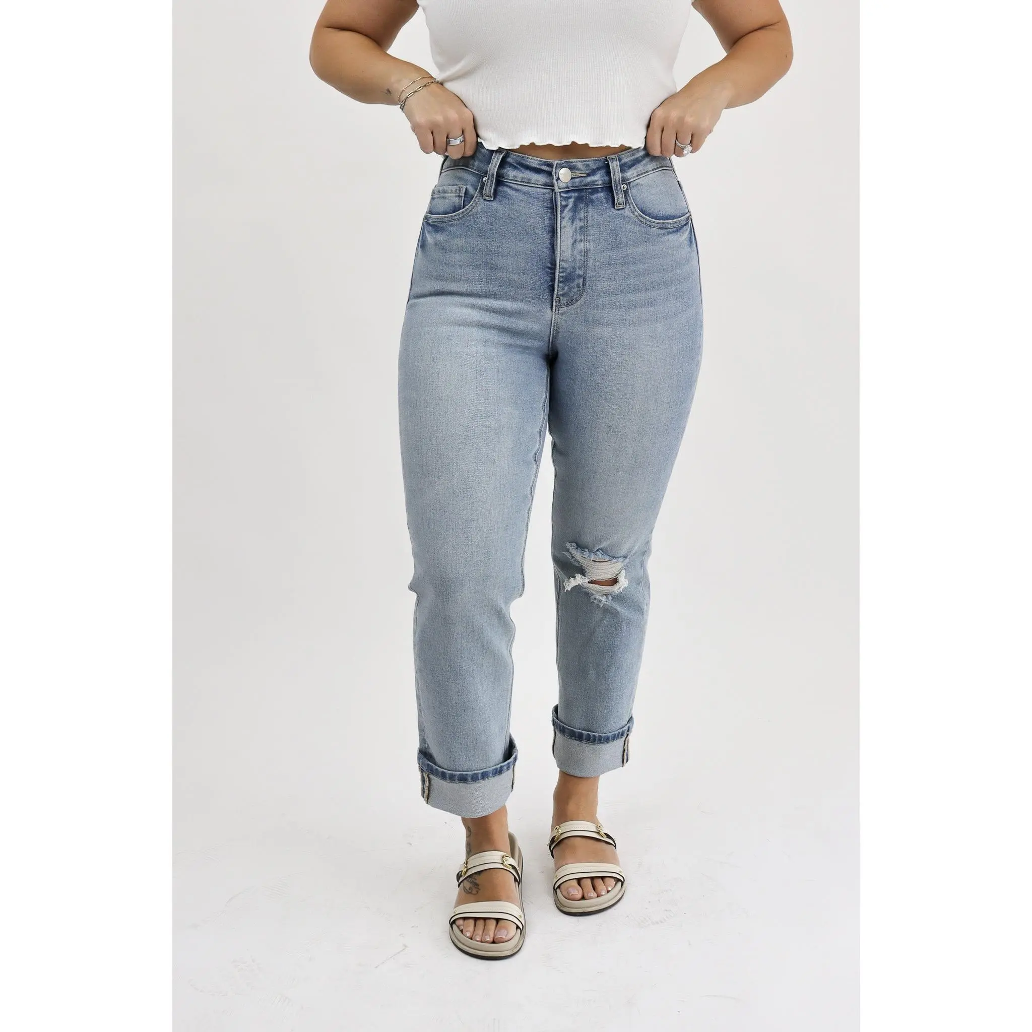 Tummy Control Straight Leg Jeans - Light Wash Distressed