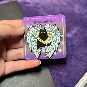 Biblically Accurate Angel Cat Enamel Pin | Black Void Cat Pin, Angel Wings Pin, Creepy Cute Pin for Cat Lover, Enamel Cat Jacket Lapel Pin