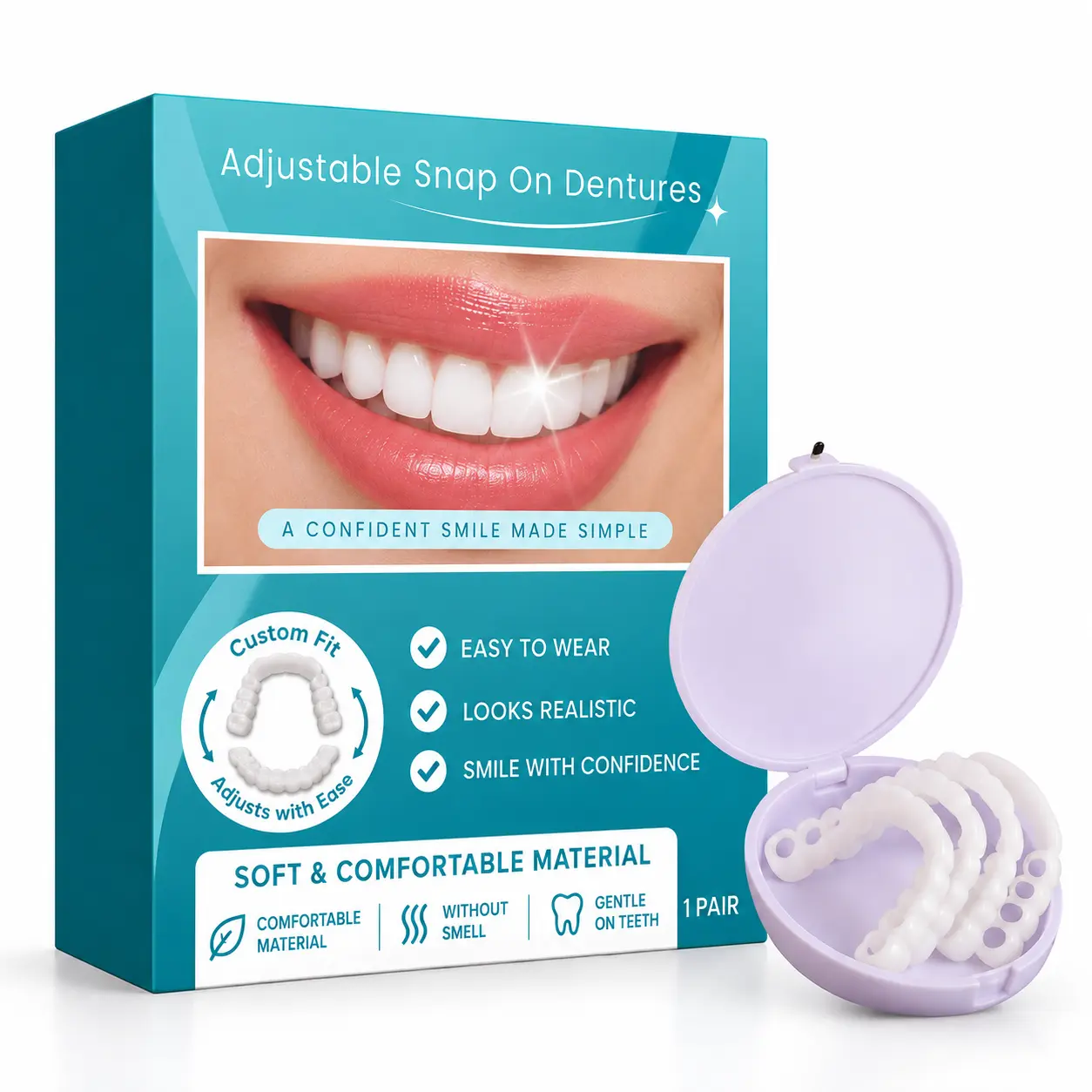 Adjustable Snap-On Smile Veneers, 1 Pair Moldable Cosmetic Teeth Covers with Storage Case, Natural-Looking Comfortable Fit Upper & Lower Smile Accessories for Men & Women