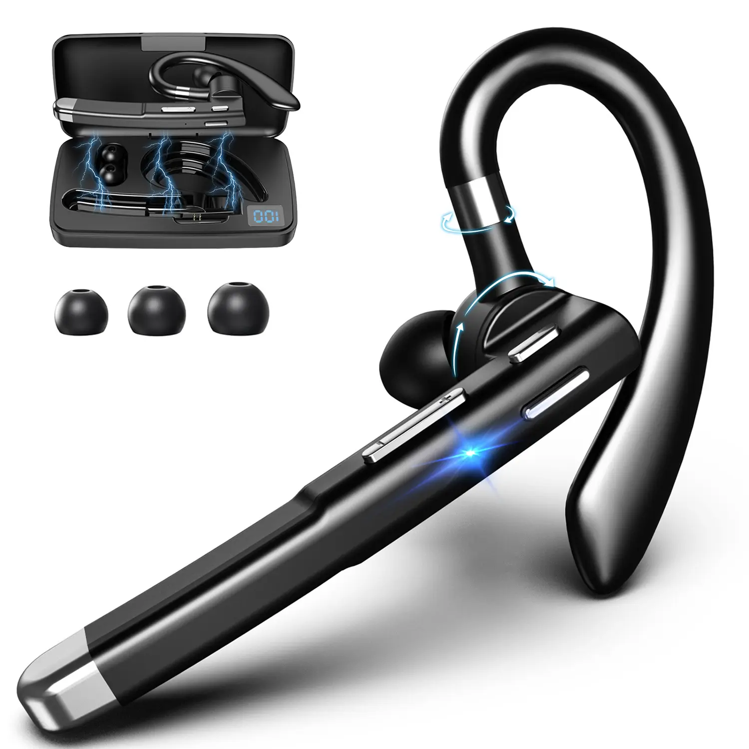 Bluetooth Headset, Wireless Bluetooth Earpiece with Battery Display Charging Case Noise Canceling Built-in Microphone Bluetooth V5.3 Hand-Free Headphones for Trucker, Business, Office