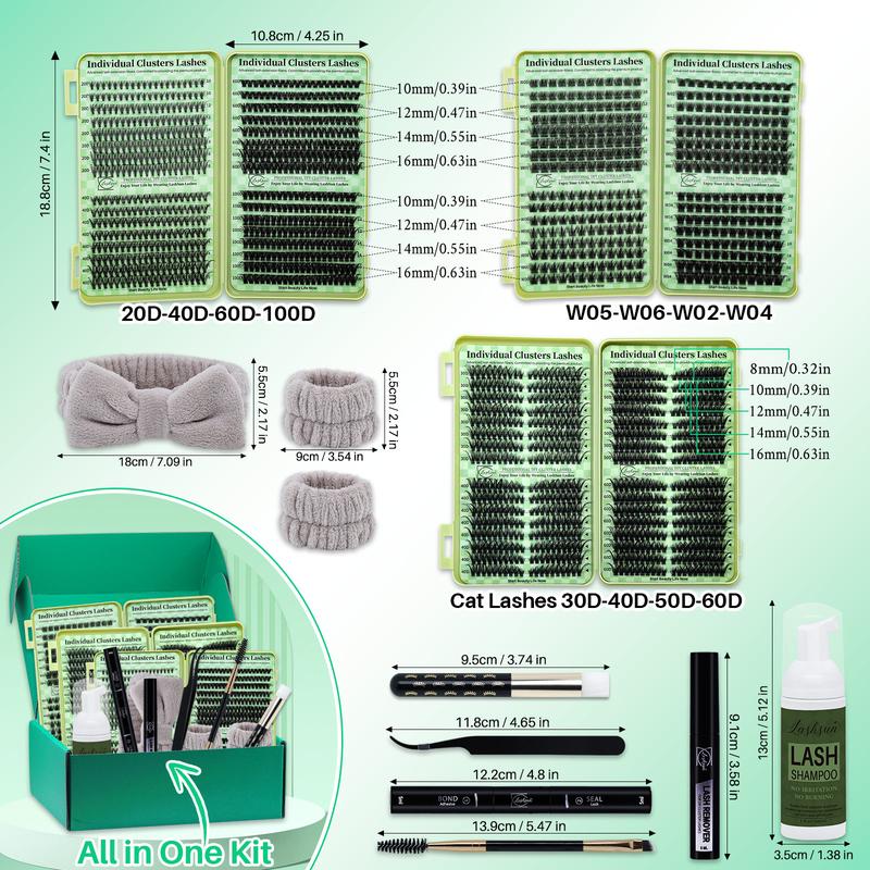 1664pcs/set D Curl Lash Clusters Kit, 12 Styles Cat-Eye & Volume Lashes Book with Bond and Seal, Lash Remover, Brush, Applicator, Headband, Wristband & Lash Shampoo, Perfect for Beginners & Professionals, DIY Eyelash Extensions at Home Easily