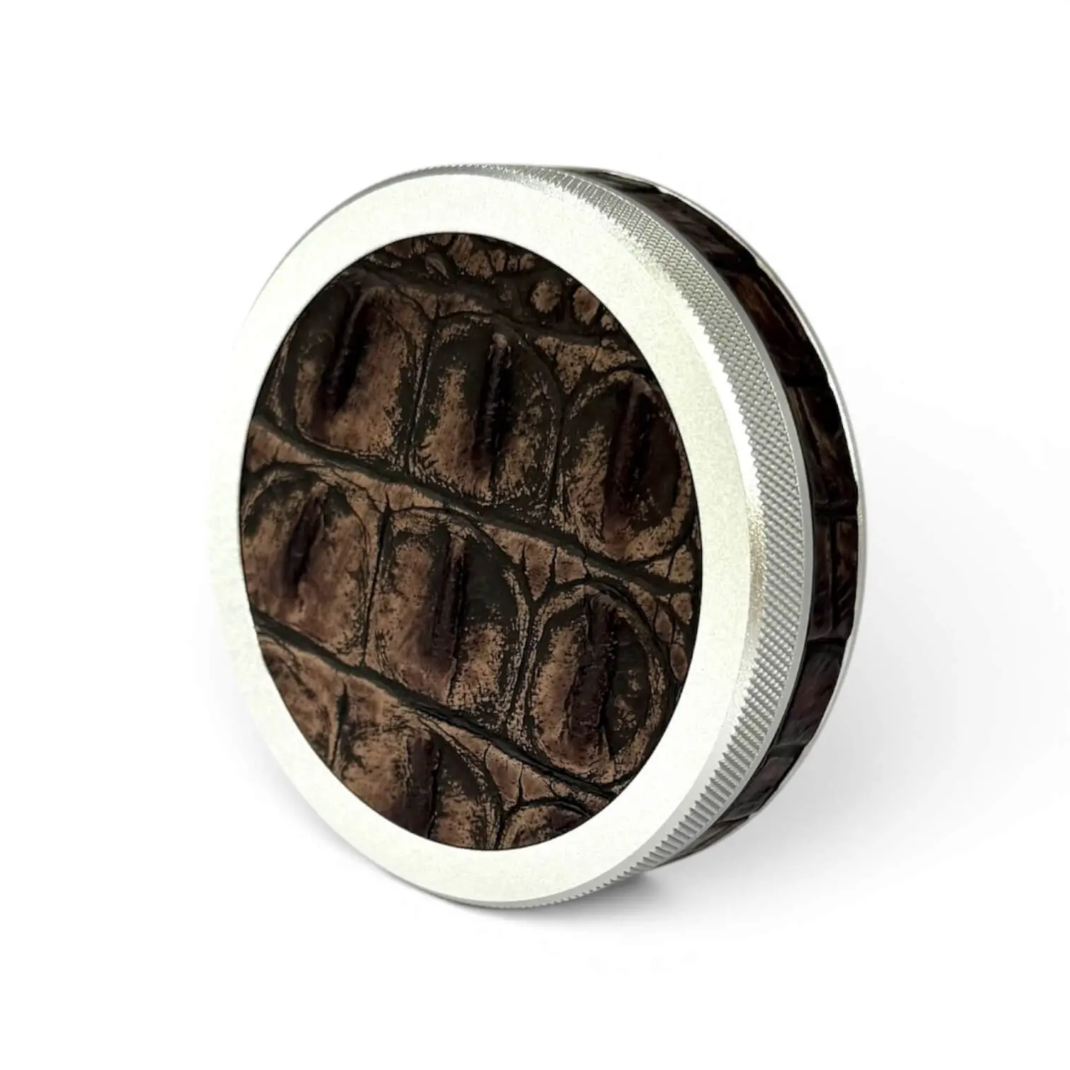 Silver on Brown Embossed Croc Ruk Can Slim | EDC Storage Can | Airtight Seal for Freshness | 100% Genuine Leather Top & Band | Aluminum Metal Tin