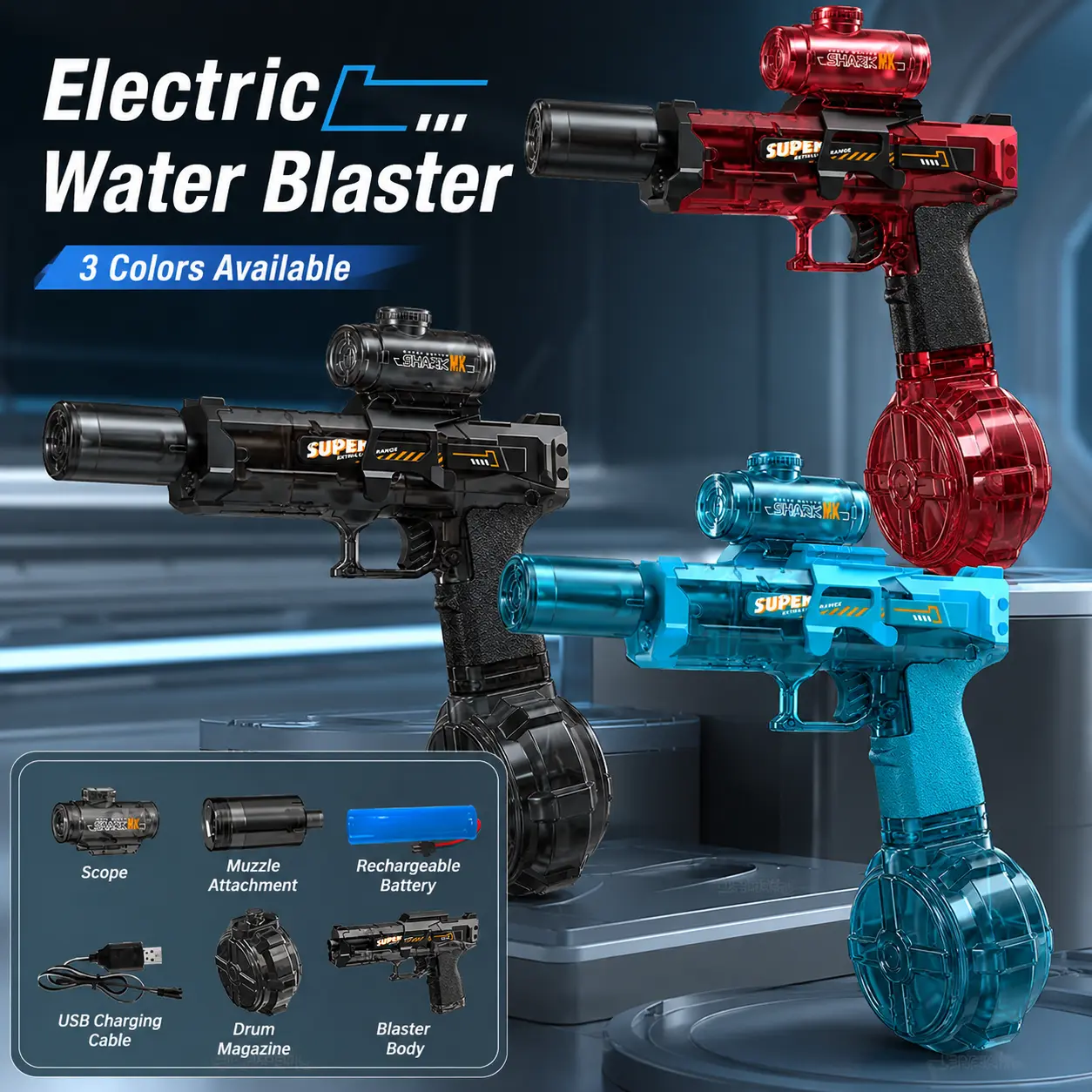Rechargeable Electric Water Blaster Toy for Kids, Light-Up Muzzle Water Toy with Drum Magazine, Outdoor Summer Water Game for Backyard Pool Beach Play