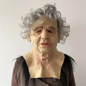 Ultra-Detailed Latex Realistic Old Lady Full Head Mask with Gray Curly Hair, Eye-Paint Design for Halloween Cosplay, Party Pranks & Festive Supplies