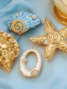 Summer Sea Conch Pendant Beach Series Starfish Shell Jewelry DIY Necklace Charm Accessory, Metal Plated Gold Adhesion Setting