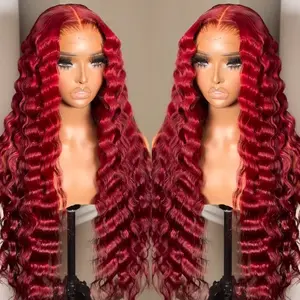 Long Curly Red Hair Synthetic Lace Front Wigs Glueless Deep Curly Wave 28 Inches Middle Part Lace 13X4X1 Natural Hair Line 180% Density Heat Resistant Fiber Hair Wigs For Fashion Women Daily Use Party Weddings Cosplay Halloween
