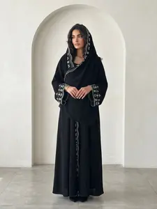 New Muslim Women's Abaya Khimar Set, Loose Fit, Eyelet Embroidery, 2-Piece with Headscarf, Long Sleeve, Elegant Casual Wear