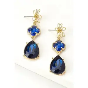 3 tier flower and royal blue linear drop earrings