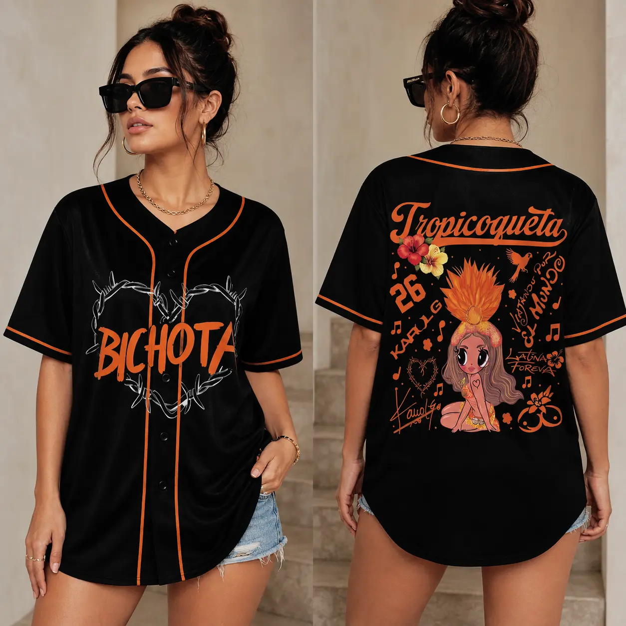 Unisex K-Karol Tropicoqueta Baseball Jersey, Viajando Por El Mundo Button Down Jersey, Orange Black Beige Graphic Baseball Shirt, Latin Music Fan Apparel