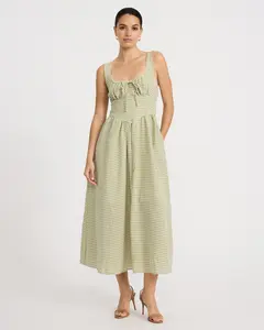Express Gingham Smocked Back Dipped Waist Midi Dress with Pockets