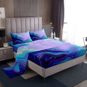 Marble Printed Sheet Set,Bedroom Luxury Abstract Art Bed Sheets Set,Decorative Modern Bright Marble Bed Sheet Set,Ultra Soft Purple Teal Bedding