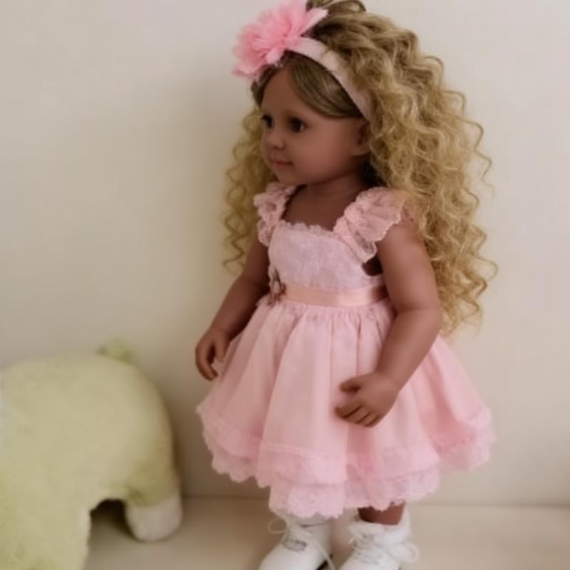 22 Inch Lifelike Dark Brown Skin African American Reborn Baby Dolls with Pink Dress Curly Hair Realistic Newborn Silicone Doll for Kids Women Xmas Birthday Gifts Durable Features