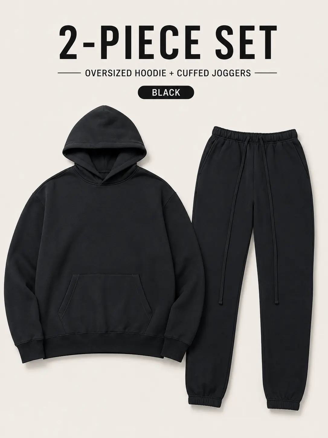 Mens Black Designer Dupe Two Piece Set 22 Collection Oversized Hoodie cuffed Relaxed Jogger Elastic Drawstring Outfit