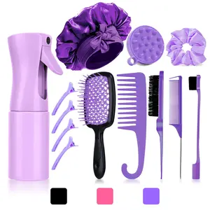 Purple 6-in-1 Hair Brush Set with Detangler & Combs for Straight Curly All Hair Types Wet Dry Adults Children 13 Counts Hair Care Kit