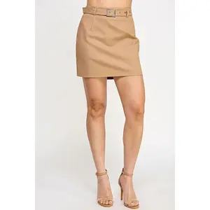 Chic Mini Skirt with Statement Buckle Belt Camel