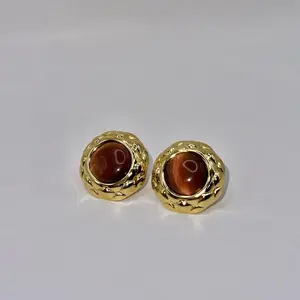 Mielé Minimalist Autumn Accessories Gold-Tone Stud Earrings with Brown Gemstones for Women