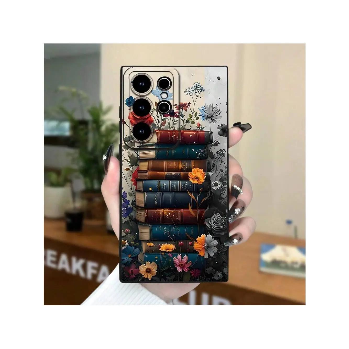 Book And Flower Print Mug Case For Samsung Galaxy: Smudge-Proof & Shock Absorbent |     Black Classic Series |     Premium Frosted Protection |     Applicable To S20, S21, S23, A52, A53, A54, A14, A25, A34, A32, A05s, A15, Compatible with Samsung Galaxy 2