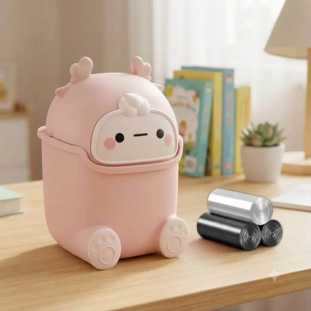 [HUOMAQFAN] 5L Pink Cartoon Flip-Lid Garbage Bin - Thick Plastic Durable Desktop Waste Basket with Odor Lock, 90 Trash Bags, Playful Look, Flip-Lid Ease, Cute Bins Trashcan for Home Kitchen Decor Gift