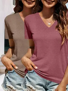 Colorful Cotton Soft Breathable V-Neck Short Sleeve T-Shirt 2-Piece Set, Casual Fitted Solid Pattern, All Seasons Everyday Wear, Comfortable and Stylish