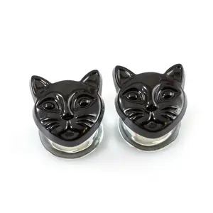 Ear Gauges Glass Black Cat Ear Plugs Tunnels Expander Stretcher Double Flared Earring Piercings Jewelry 0G 00G 11mm 12mm - Sold as Pair