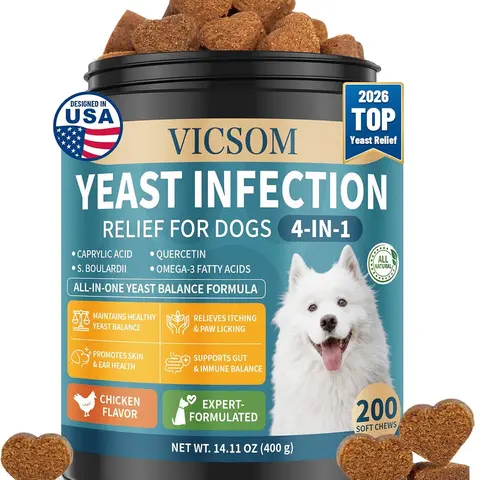 VICSOM Natural Dog Yeast Infection Support Chewables - Human-Grade Chicken Flavor Tub Pack, 90/200 Soft Chews with Caprylic Acid + Probiotics for Itch Relief, Skin Support, Daily Canine Wellness