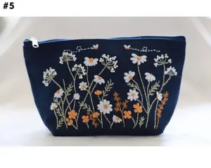 Hand Embroidered Makeup Bag with Flower Embroidery, Floral Cosmetic Bag, Vintage Makeup Bag, Zipper Pouch, Christmas Gift, Bridesmaid Gift