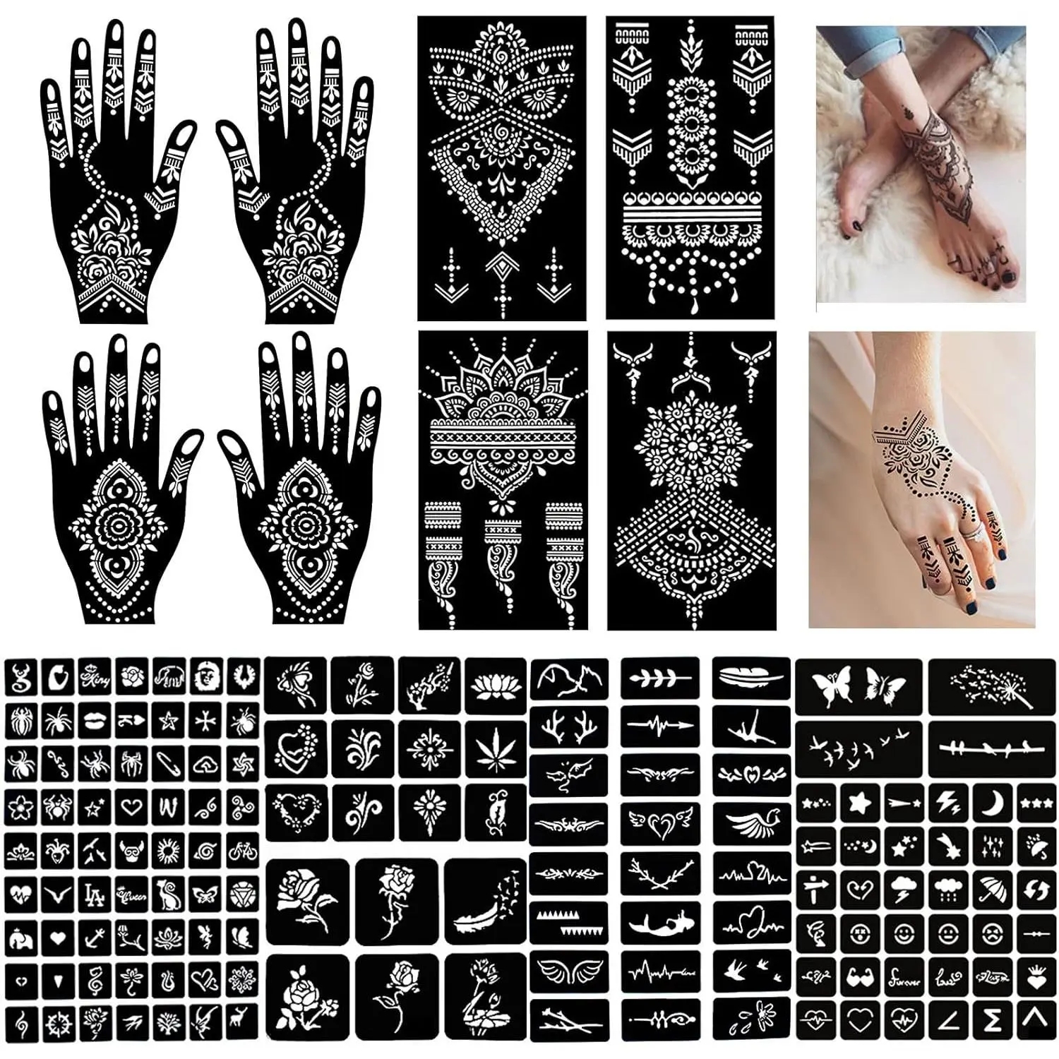 Pack of 12 Henna Temporary Tattoo Stencil Kit - 145Pcs Glitter Airbrush Tattoo Sticker Indian Arabian Black Henna Tattoo Temp for Women Kids