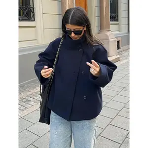 Women's casual and elegant stand up collar short jacket - navy blue herringbone diagonal button front lightweight warm jacket, suitable for autumn and winter wear, machine washable daily top for women