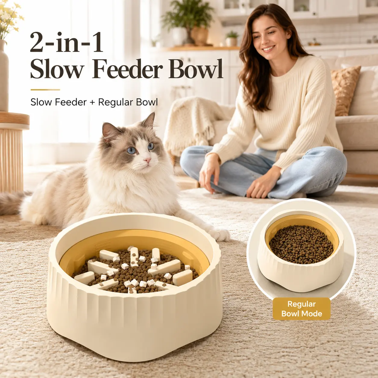 2-in-1 Slow Feeder Cat Bowl, Food-Safe PP Pet Bowl with Removable Insert, Non-Slip Base, Washable Everyday Feeding Bowl for Cats