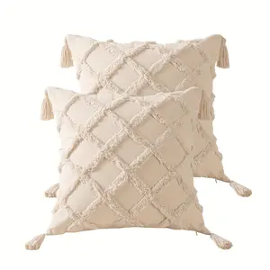 Beige Throw Pillow Covers 18×18 Inch, Set of 4 Boho Decorative Pillow Case, Farmhouse Cushion Cover with Tassels, Home Decor for Bedroom, Living Room, Sofa, Couch, Office, Hotel, RV, No Insert