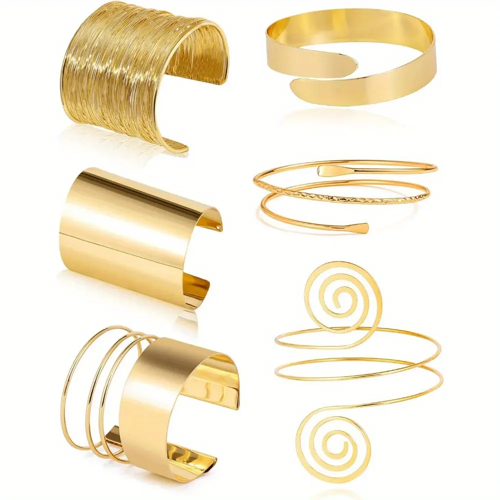 6 Pieces Arm Cuff Bracelet Set - Minimalist Simple Swirl Open Wide Wire Upper Arm Band Bracelets for Women - Adjustable Bangle