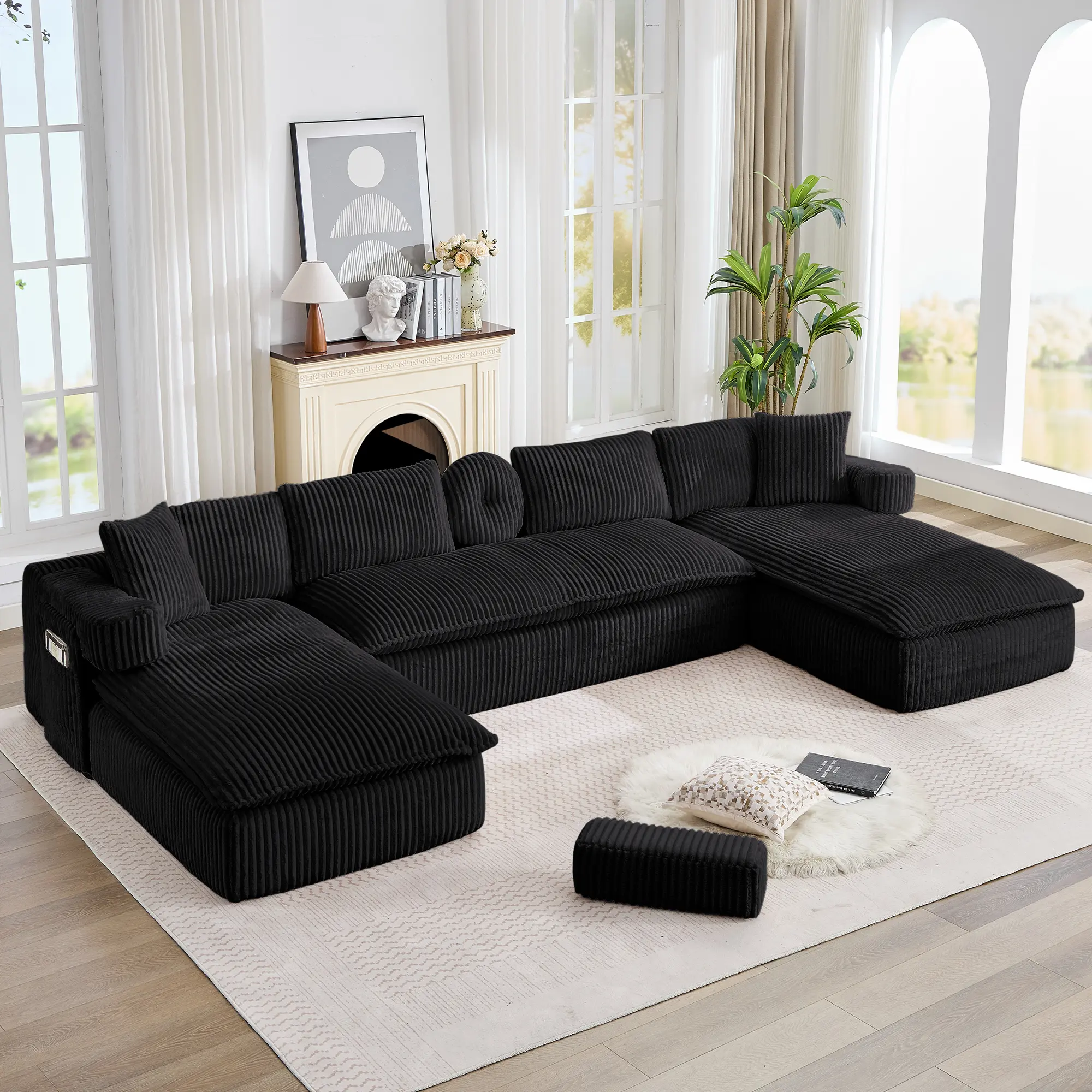 Niccae New Arrived 7-in-1 Modular U-Shaped Oversized Couch for Living Room, 149-in Indoor Sectional Sofa, Modern 6-Seat Corduroy Deep Seat with 4 Cushion Back, No Assembly, Side Pocket, Movable Armrests, 3 Sub-Packages, Video Provided