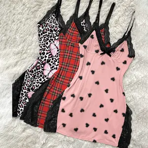 ChicMe Women's 3PCS Bowknot Decor Lace Spliced Deep V Neck Adjustable Spaghetti Straps Babydoll Sexy Side Slit Sleepdress