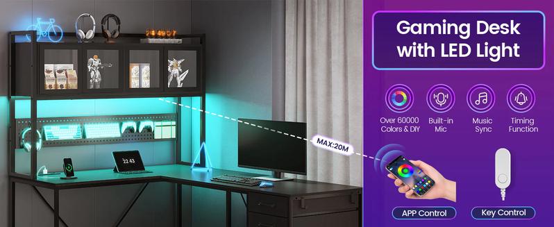 Sikaic 62 Inches LED Reversible L Shaped Gaming Desk With Power Outlet Storage Drawers Hutch and Pegboard