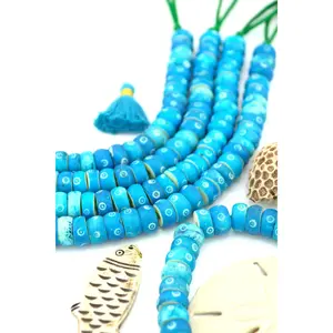 Large Hole Turquoise Blue Carved Donut Shaped Bone Beads, 14x7mm
