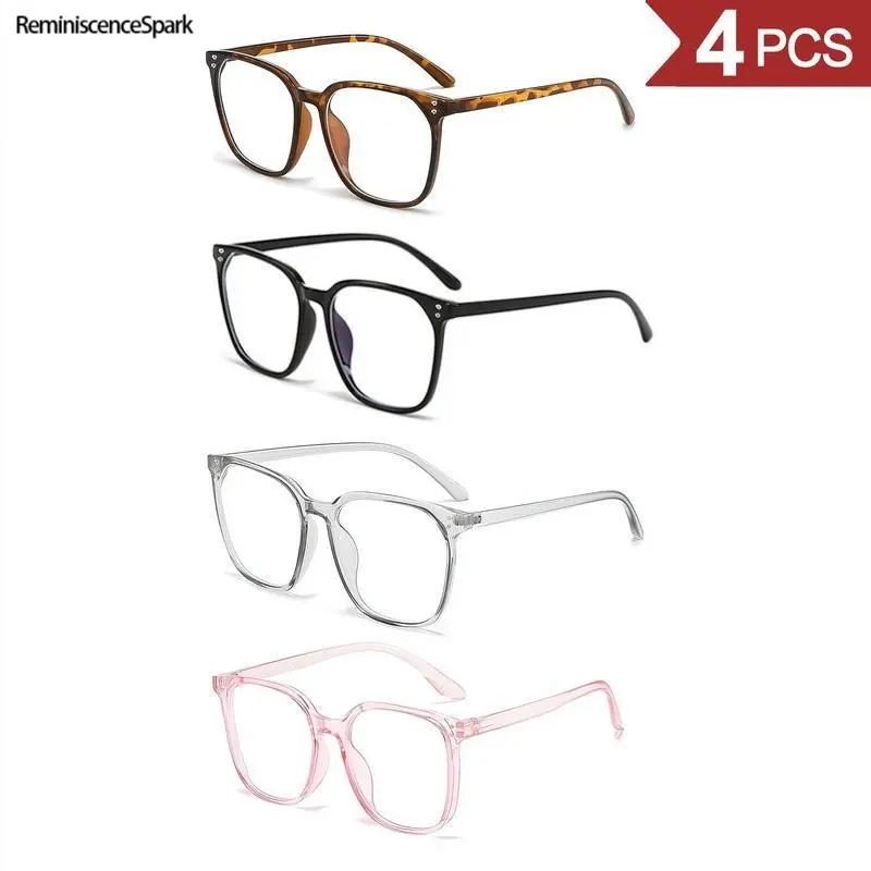 Women's 4-Pack Blue Light Blocking Sports Eyeglasses - 4 Fashion Frames (Including Leopard Pattern), Trendy Style, Flattering for Round Shape Faces, No-Makeup Essential, Home Office/Study Use, Screen Time Reducing, Leopard Pattern Eyeglasses
