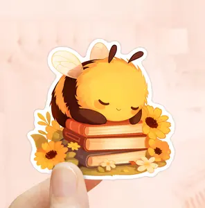 Bumblebee Sleeping on Books Sticker Spring Flowers Waterproof Vinyl Book Lovers Gifts Kindle Stickers Bee Stickers Reading Lovers